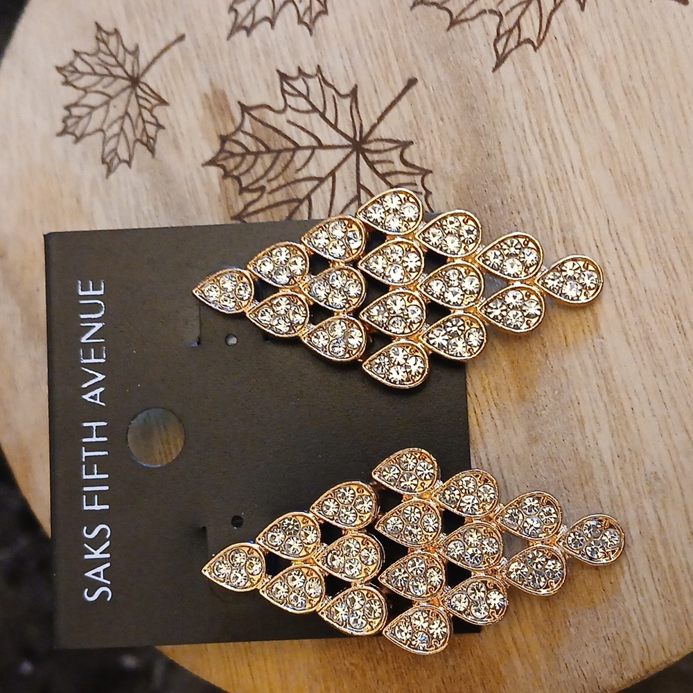 New Saks Fifth Avenue Gold Embellished Teardrop Statement Earrings